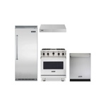 Viking 4-Piece Kitchen Package with VGIC53024BSS 30″ Gas Range, VWH530121SS 30″ Wall Hood, VDWU524SS 24″ Dishwasher and VCRB5303RSS 30″ Refrigerator